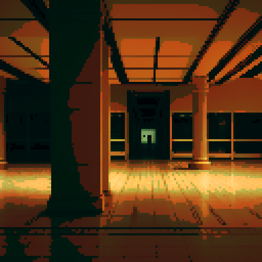 empty mall viewed from the inside, wide dark corridors, large pillars, somber mood, nostalgic feel, retro