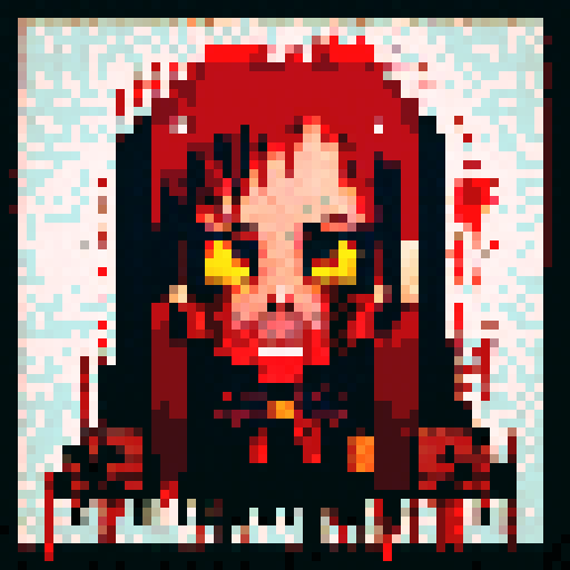 blood splatters,  pixelated gore, vibrant red hues, jagged edges, detailed carnage, distressed pixels, dark and macabre, horror in 8-bit, low resolution brutality, intense violence, twisted and distorted, gory masterpiece, graphic and shocking, retro gore, pixelated horror, sRGB color palette, gruesome scenes, intense pixelation