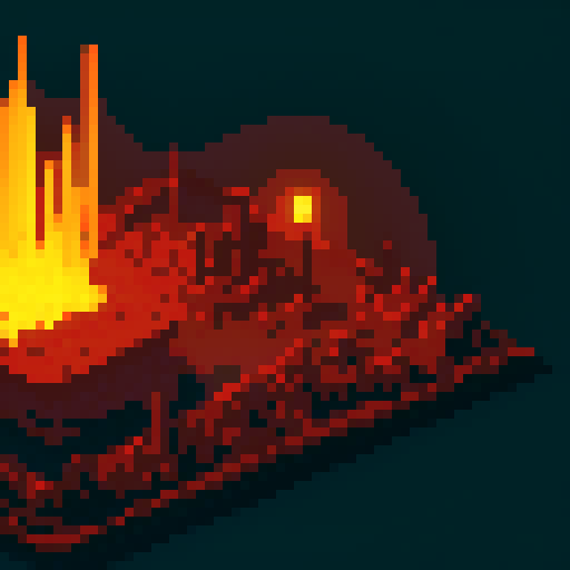 A raging inferno engulfs a tiny metropolis, with sinister skulls appearing in the flames and their ghostly visages haunting the smoke, all rendered in vibrant pixel art