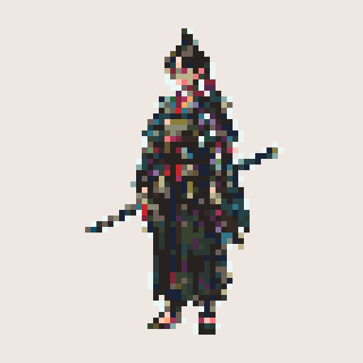 historically accurate muromachi samurai in traditional armor, roguelike rpg full-body sprite