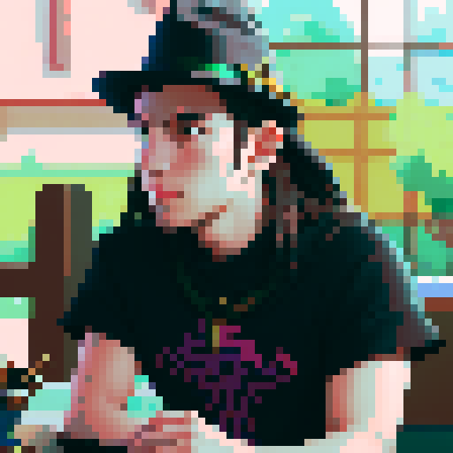 Fantasy, DnD player with hat,calm colors,  pixel art, 