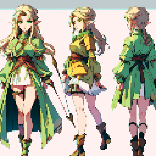 JRPG game charater design ,a female 
elf with gold hair, green eyes , job class archer wearing leather armer , hoding an ancient bow carring arrows on her back ,age around 18