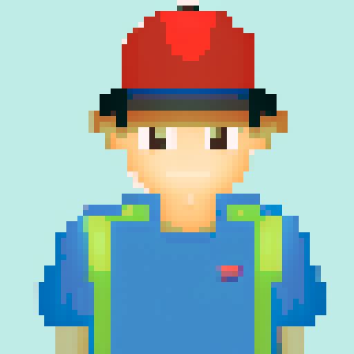 Pixelated school boy, age 10, wearing a baseball cap, striking a playful pose with a mischievous glint in his eyes."