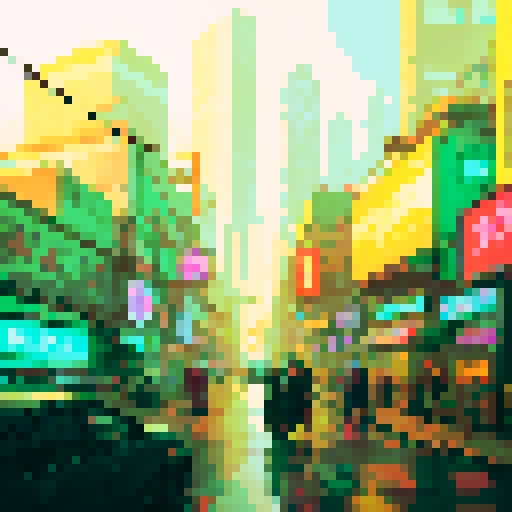 Cyberpunk neon-lit streets, towering skyscrapers, flying hovercars, bustling market stalls, holographic billboards, steam rising from metal grates, vibrant graffiti, glitchy neon signs, rain-soaked cityscape, futuristic androids, glowing cybernetic implants, smoke-filled alleys, flickering streetlights, pixelated shadows, electrified wire fences, abandoned robot junkyards, mirrored glass facades, sRGB color palette