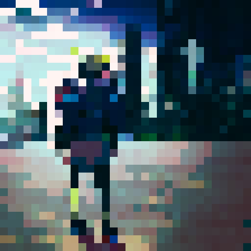 A futuristic cityscape surrounded by towering skyscrapers and neon lights, with a lone samurai perched atop a rooftop, wielding a glowing katana against a backdrop of swirling purple and blue clouds.