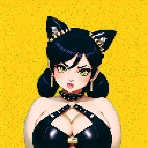 curvy, busty goth babe with studded collar, hair in buns, aroused nude big titty cat girl in a close-up nude glamour shot, wearing halter top, pixel art, sRGB