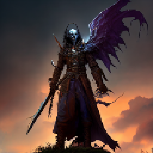 Necromancer, atop hill, surveys kingdom at sunset; undead army rises, ominous clouds gather, castle walls crumble, all in fantasy RPG style.
