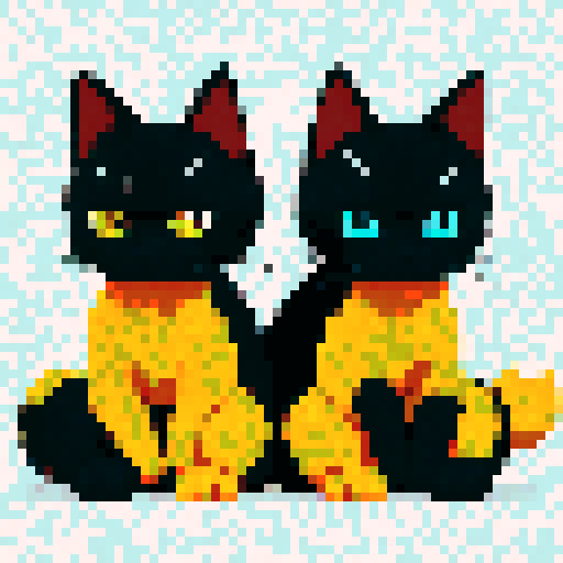 Siamese Japanese cats with vibrant, pixelated fur in a ninja-inspired sRGB palette