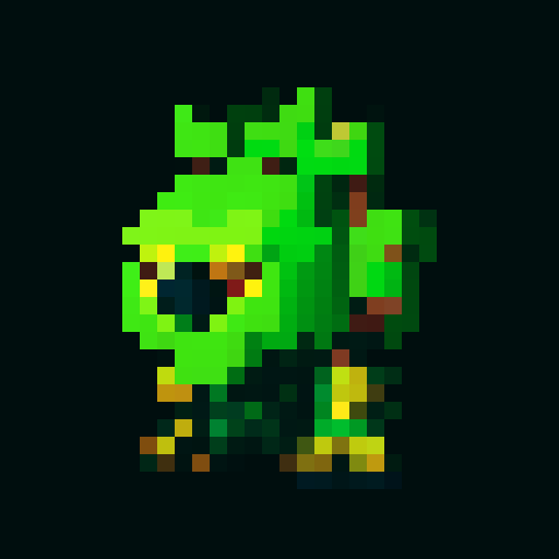 A vigilant guardian made of sturdy wood and roots, with sharp branches and glowing yellow eyes. It has a fierce expression and an imposing stance, dedicated to safeguarding the forest. No background.
