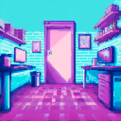 sidescroller background, tattoo shop countertop, workstation, checkered floor, light blue walls, pink walls, pictures, tattoo flash, sRGB, pixel art, background, landscape