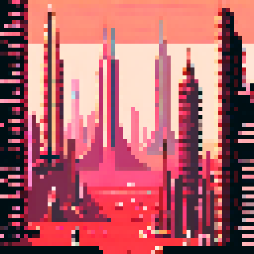 Mars Building with towering, futuristic skyscrapers, bustling pixelated city, ARNE32 palette, otherworldly structures, pixel art, no details