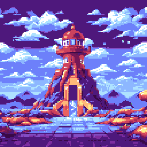 Pokemon, Chrono Trigger, vibrant colors, detailed sprite, ocean, lighthouse, retro charm, pixelated characters, whimsical creatures, magical abilities, epic adventures, nostalgic journey, sRGB, pixel art, background, landscape