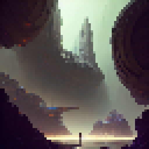 "Craft a concept art of a towering, golem-like industrial security structure guarding a glittering, subterranean mine in a fantastical RPG world of towering mountains, lava rivers, and steam-filled skies for the engineering of industrial and mining safety purposes."