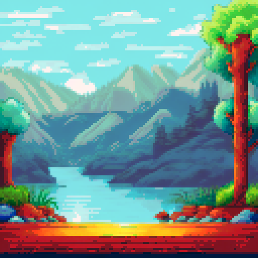 a serene landscape of trees and water, and a sunrise. use of colors of red blue yellow and green.