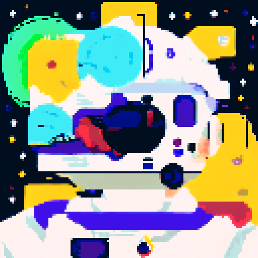 space traveler in vibrant pixel art white spacesuit, with a helmet showcasing a reflective visor, surrounded by swirling galaxies, twinkling stars, and celestial wonders, all rendered in space colorful palette.
