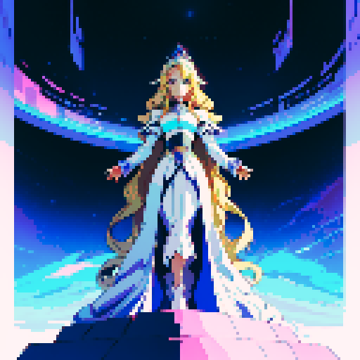 Elegant princess with flowing gown and futuristic crown, blonde hair, blue eyes, surrounded by futuristic space scenery in vibrant sRGB pixel art style, inspired by JRPG aesthetics