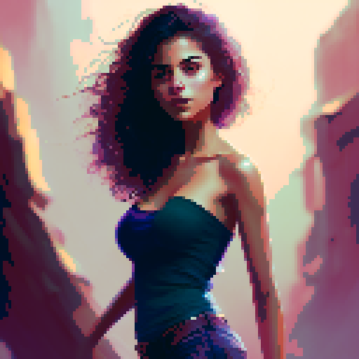 beautiful Latina young woman, bobcut, strapless shirt, jeans, high heels, beach, smile