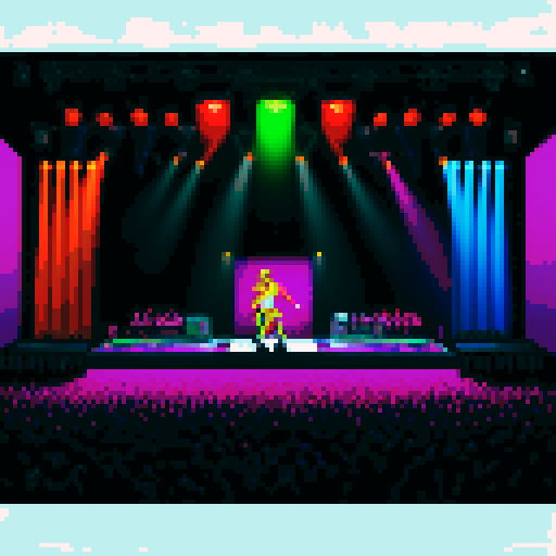 Bruce Springsteen silhouette, bold black lines, vibrant colors, pixelated style, sRGB palette, energetic stage presence, iconic guitar stance, dynamic pixel art rendition, nostalgic 8-bit graphics, electric atmosphere, captivating stage lighting, pixel-perfect details, retro video game vibes, crowd cheering, pulsating rock music, powerful lyrics