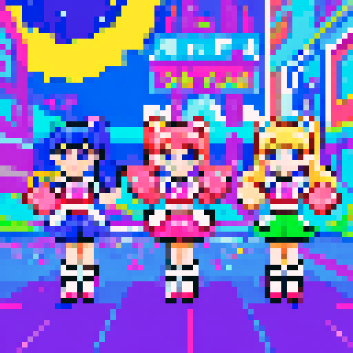 kawaii cheerleaders, pigtail hair, galaxy in the sky, meat background, neon colors