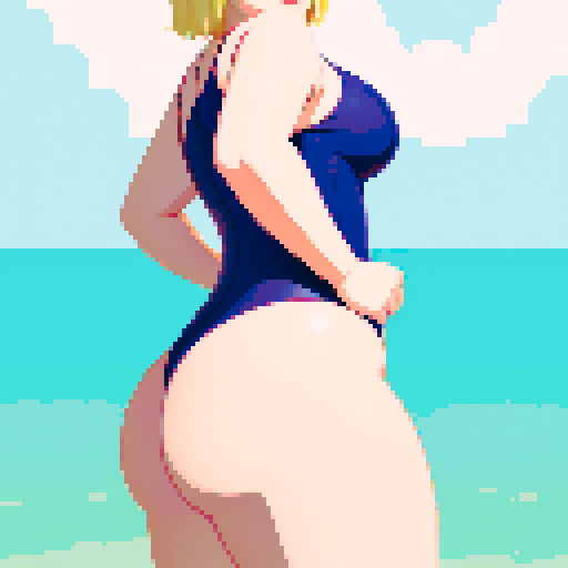chubby blonde girl in a swimsuit, wide hips, very large butt, facing away, looking back, smiling, kneeling position, pixel art, sRGB