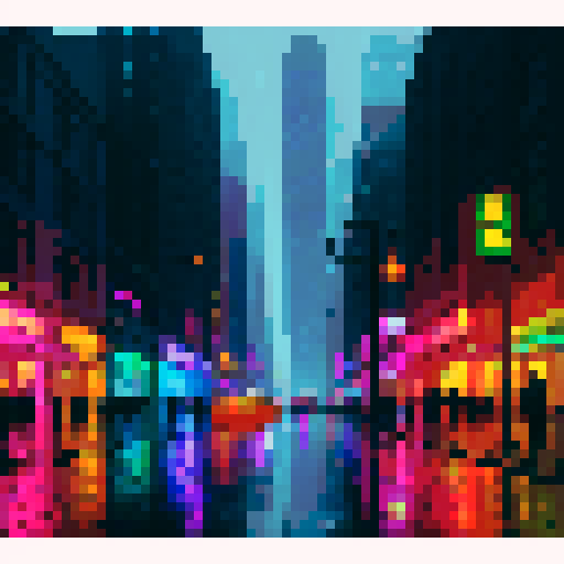 cool rainy city, neon lights, bustling streets, wet pavement, colorful umbrellas, towering skyscrapers, steam rising from manhole covers, reflections in puddles, hazy streetlights, misty atmosphere, people walking briskly, glowing signs, raindrops on windows, streaks of water on glass, blurred car lights