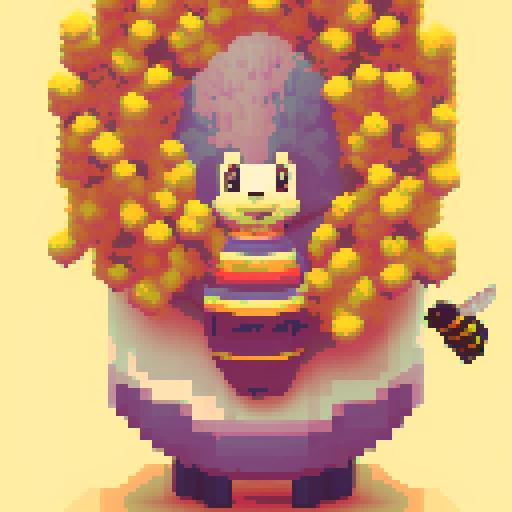 Honey badger, lovely, pixel art, vibrant colors, playful stance, surrounded by buzzing bees, honey dripping from its paws, whimsical flowers in the background
