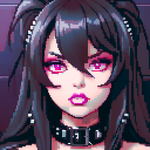 curvy, busty goth babe with studded collar. Nude big titty goth, in a close up nude glamour shot. Neon lighting, modern tile backsplash.