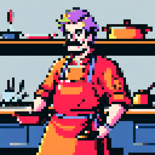 cooking chef with moustache, frying pan in hand, pixel art, vibrant sRGB colors

