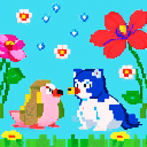 Rose, a warm and empathic person, practicing yoga, swimming, and krav maga, surrounded by pixel art flowers in shades of blue, while studying agricultural sciences, with her favorite Pokemon, Piplup, and a majestic malamute by her side