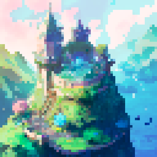 city, high tech castles, cathedrals with glowing stained glass windows, futuristic bridges spanning lush greenery, pixelated trees and flowers, small digital animals roaming, all in vibrant sRGB colors