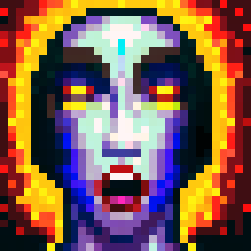 Psychosis, distorted facial features, vibrant colors, pixelated details, sRGB palette, close-up shot, skill art, intense gaze, game icon, 32x32 pixel art, close-up portrait