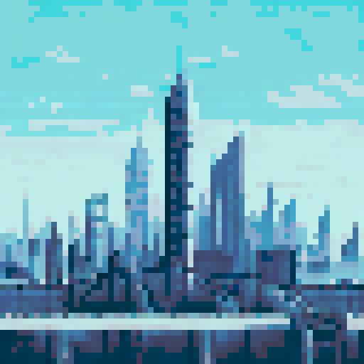 Towering skyscraper, metropolis scene, muted palette of grays blues and greens, simple background, pixelated world
