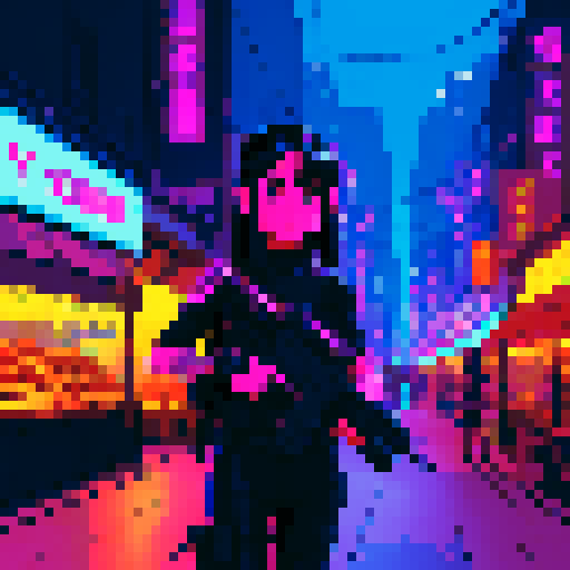 Street merchant assassin girl, neon-lit night market, slicked-back hair, pixelated sniper rifle, fluorescent tattoos, sRGB glow, bustling crowds.
