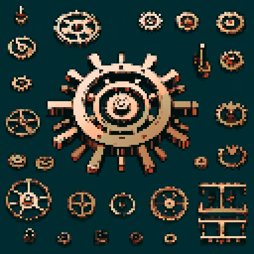 I want a copper gear that looks like it was made by a master clockmaker. It should have strange mechanical details that could interlock with each other. I also want this object usable an asset in a videogame, meaning only one object per image, outlined with a strong black stroke, on a solid-color background.