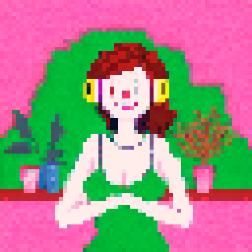 cute, curly redhead with green eyes, smiling, cleavage, head phones, pink and black dress, sitting at gaming desk with grey cat, pixel art, wide shot, in a room with plants and stuffed animals behind her, paintings on the wall, sRGB