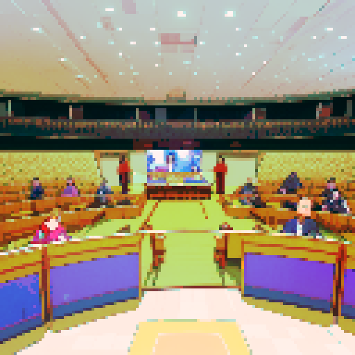 Wide shot of delegates arguing inside of German Federal Parliament, live TV coverage, vibrant colors, pixelated details, retro video game aesthetic, animated pixel art, intricate pixel patterns, dynamic lighting, immersive atmosphere, animated gestures, traditional German clothing, historical significance