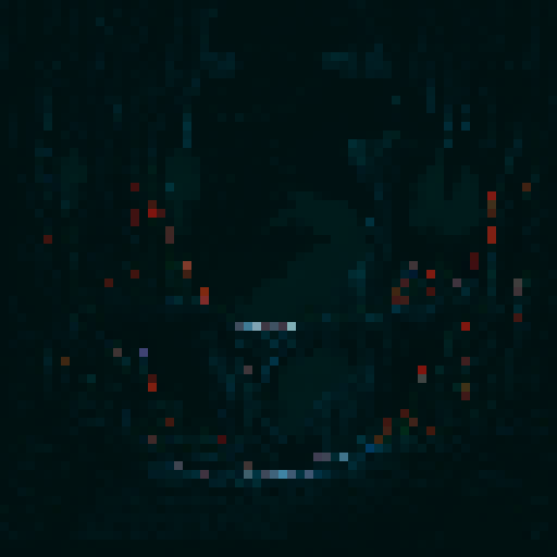 Gloomy dungeon with dark colors, pixel art, top-down view, sRGB, featuring a haunting background and eerie landscape
