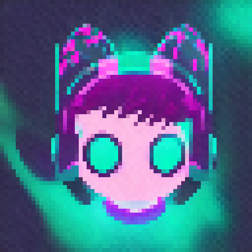 Anime girl with bubblegum pink hair and oversized headphones, dancing in a neon-lit room filled with floating holographic flowers and geometric shapes.