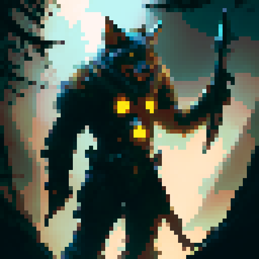 werewolf-humanoid, fierce expression, glowing yellow eyes, sharp fangs, muscular build, fur-covered body, wielding a massive battle axe, wearing tattered leather armor, standing amidst a misty forest, moonlight casting an ethereal glow on its figure, surrounded by mystical creatures