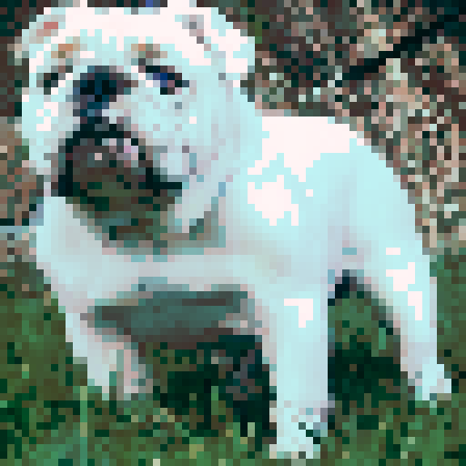 prestigious all white English bulldog, pixel art, sRGB, confident stance, detailed wrinkles, expressive eyes, elegant posture, subtle shading, vibrant colors, clean lines