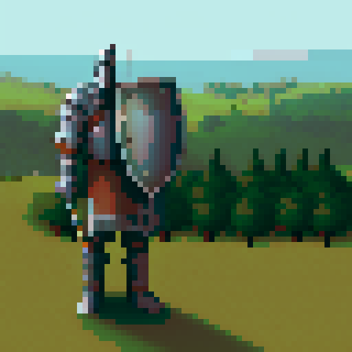 Medieval knight in full armor, wielding a massive broadsword and carrying a sturdy shield, standing proud amidst a pixelated landscape of rolling hills and towering castles.