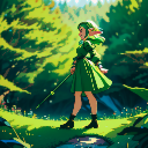 Elf, girl, green dress, 45 pixel height, full-body profile