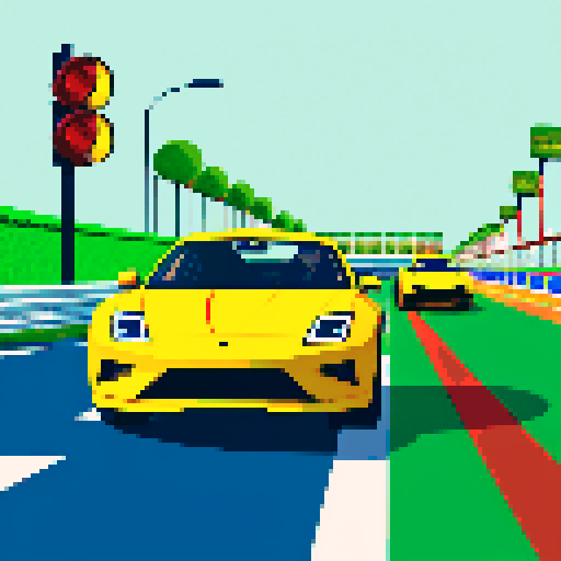 the start of the race, the race track cars are in a row, the traffic lights show green, the race begins