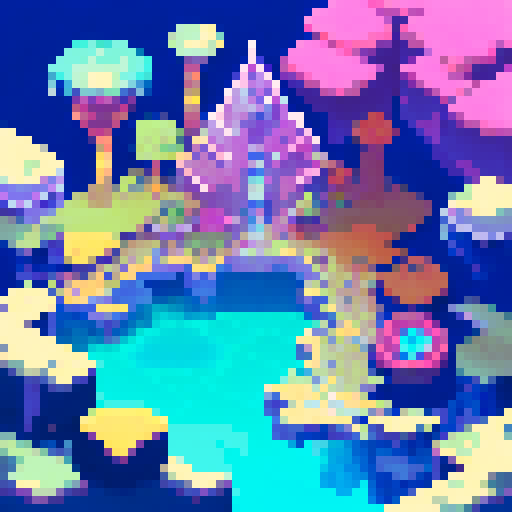 technological Aztec Style Ziggurat, shimmering in neon hues, surrounded by frozen waters reflecting the pixel art skyline