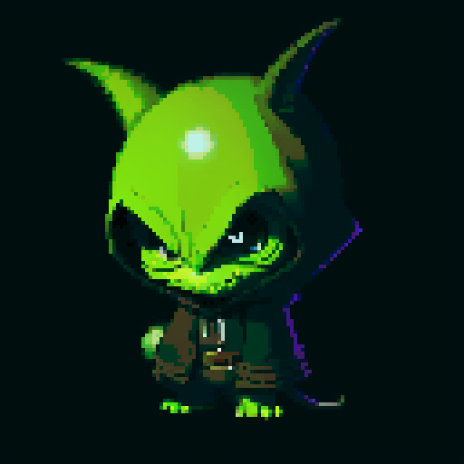 An elusive and enigmatic goblin with dark clothes, a hood, and an aura of mystery. It has piercing eyes and a calm demeanor, moving silently through the shadows. No background.
