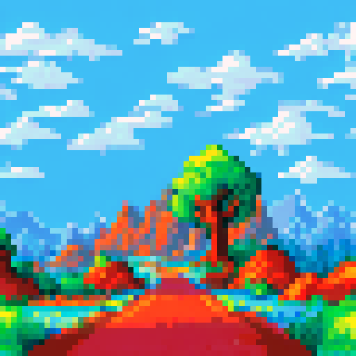 Blue-hooded runner sprinting through a vibrant, pixelated landscape with rolling hills and towering trees as the backdrop in a vivid sRGB color palette