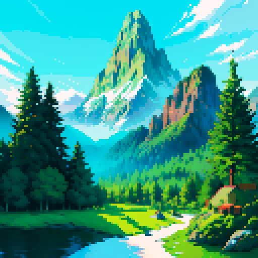 fantasy RPG landscape with towering snow-capped mountains, lush green trees, and a sparkling turquoise ocean backdrop, beautifully depicted in vibrant sRGB colors with intricate pixel art details