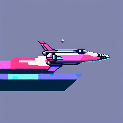 space ship, retro, vibrant colors, blocky pixels, glowing exhaust, starry background, sci-fi aesthetic, sRGB color palette, angular design, pixelated stars, neon lights