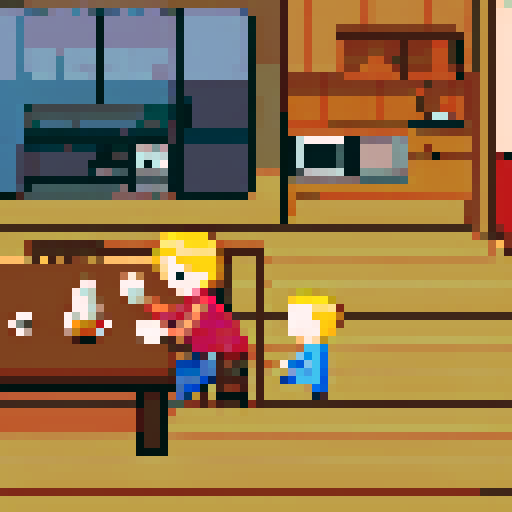 Cabin interior, table, kitchen, mother and son