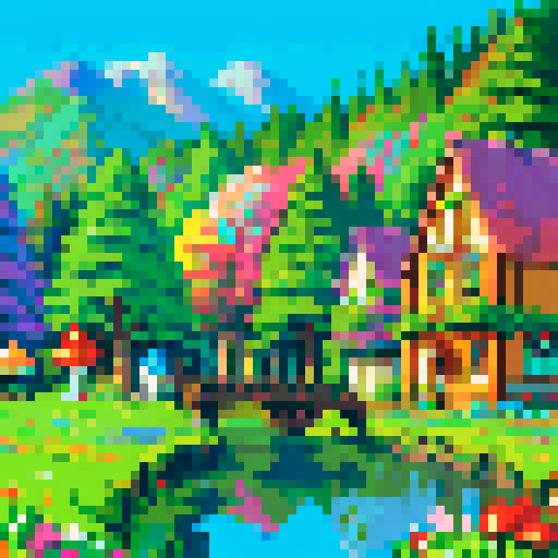 pixel art map, tall vibrant trees, whimsical mushrooms, cozy houses, colorful flowers, sRGB, vibrant colors, detailed sprites, retro gaming vibes, pixelated landscapes, enchanting atmosphere, immersive world, nostalgic art style, charming scenery, intricate designs, lively flora and fauna, 8-bit aesthetic, game map